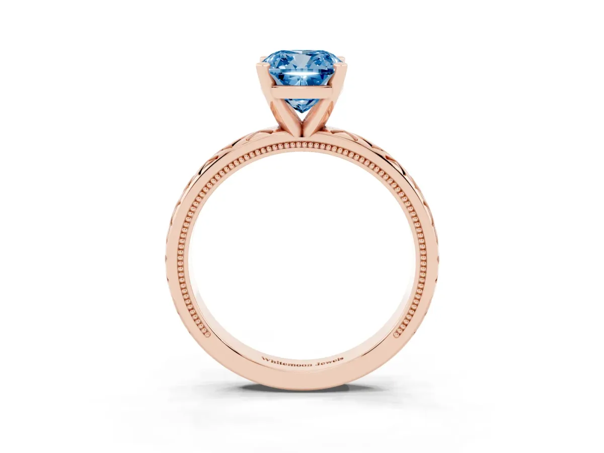 Fancy Blue Cushion Cut Solitaire Diamond Ring with Milgrain and Black Enamel X Pattern Band Rose gold