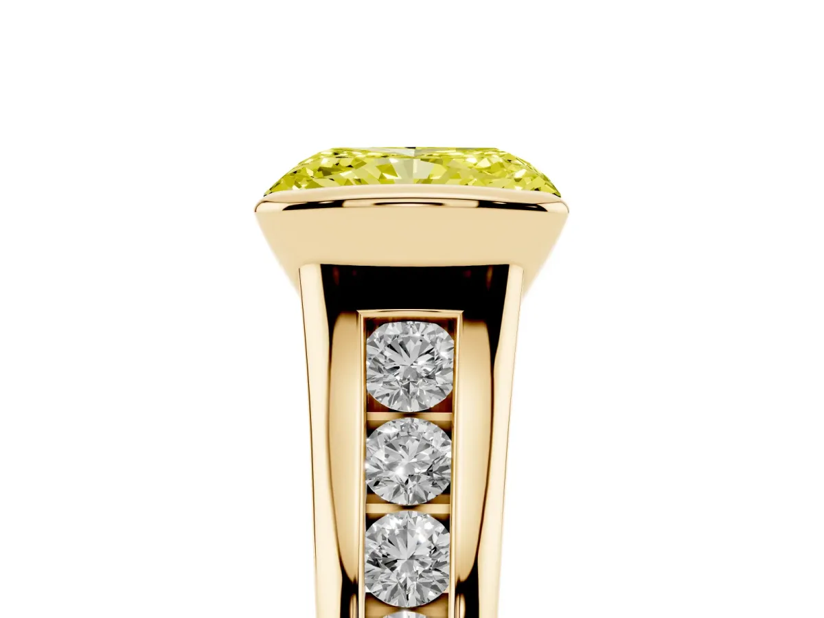 Fancy Yellow Radiant Cut Solitaire Bezel-Set Diamond Ring with Channel-Set Band Yellow gold