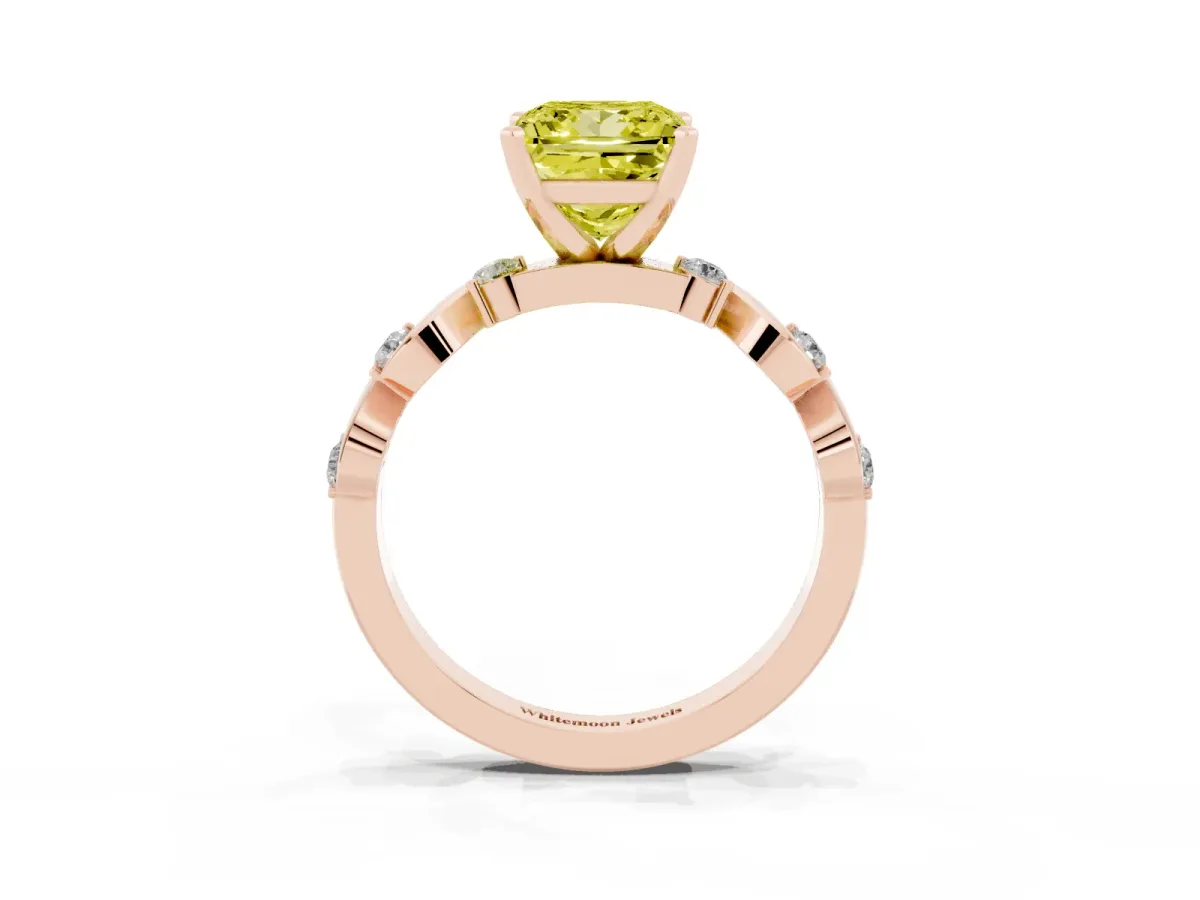 Fancy Yellow Princess Cut Diamond Solitaire Twisted Band with Round Accents and Prong Setting Rose gold