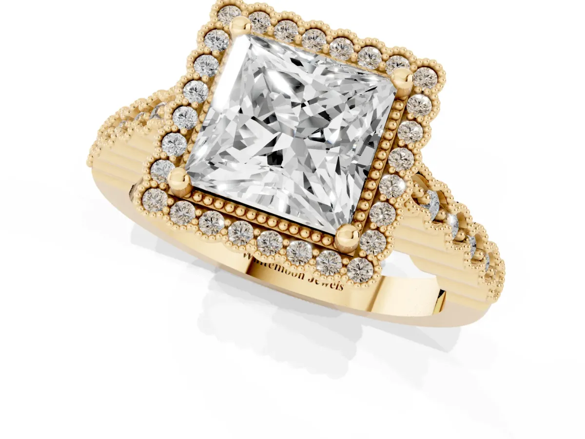Princess Cut Cut Halo Pavé Solitaire Ring with Milgrain Band Yellow gold