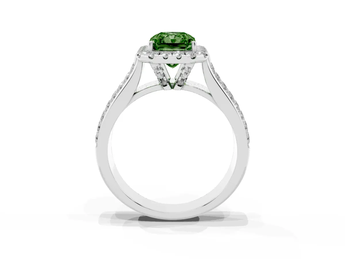Fancy Green Radiant Cut Halo Round Diamond Pave Band with Prong Setting Silver