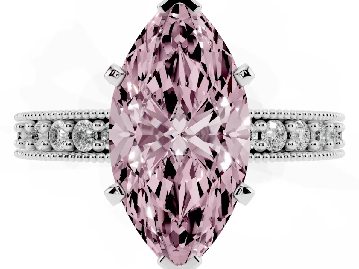 Fancy Pink Marquise Cut Diamond Milgrain Pavé Engagement Ring with Four-Prong Setting Silver