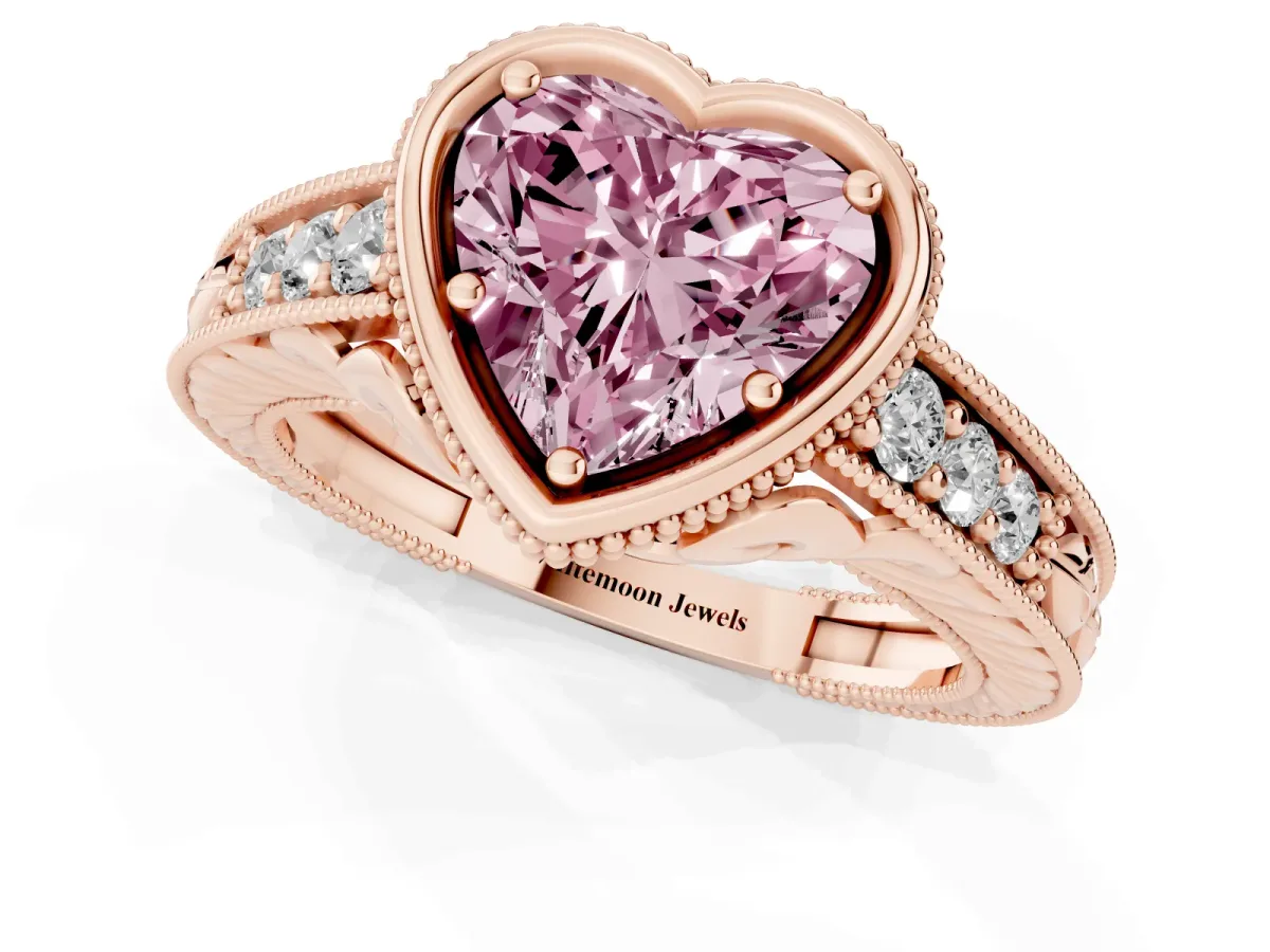 Fancy Pink Bezel Set Heart Cut Diamond Milgrain Pave Engagement Ring Rose gold
