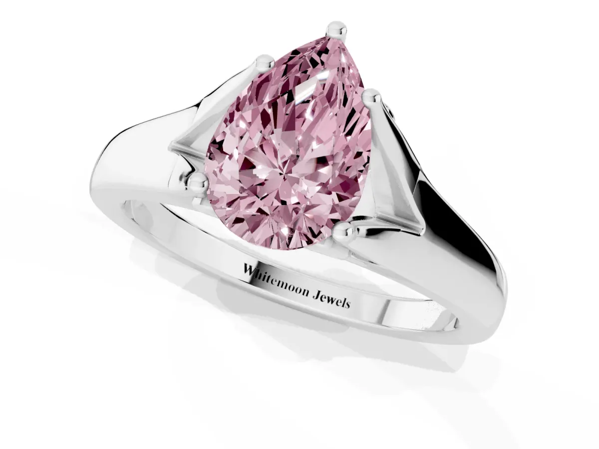 Fancy Pink Pear Cut Solitaire Diamond Ring with Cathedral Band and Four-Prong Setting Silver