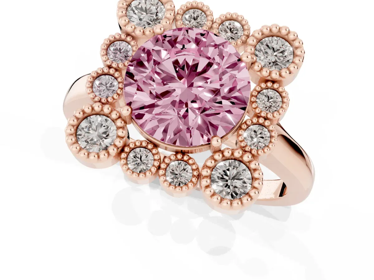 Fancy Pink Round Cut Halo Diamond Cluster Engagement Ring with Milgrain Bezel Setting and Solitaire Band Rose gold