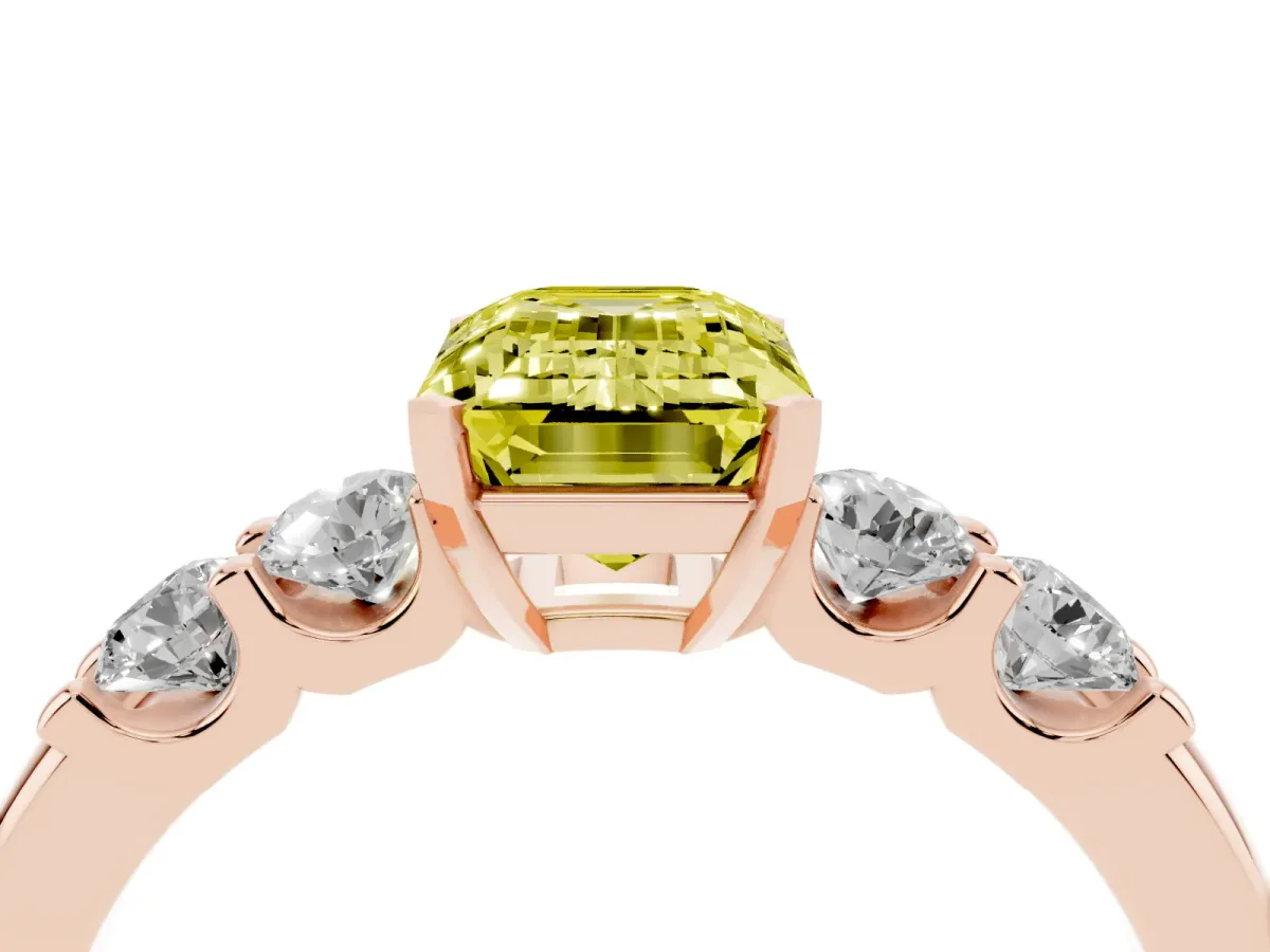 Fancy Yellow Emerald Cut Brilliant Cut Diamond Five-Stone Prong Set Engagement Ring with Channel Band Rose gold