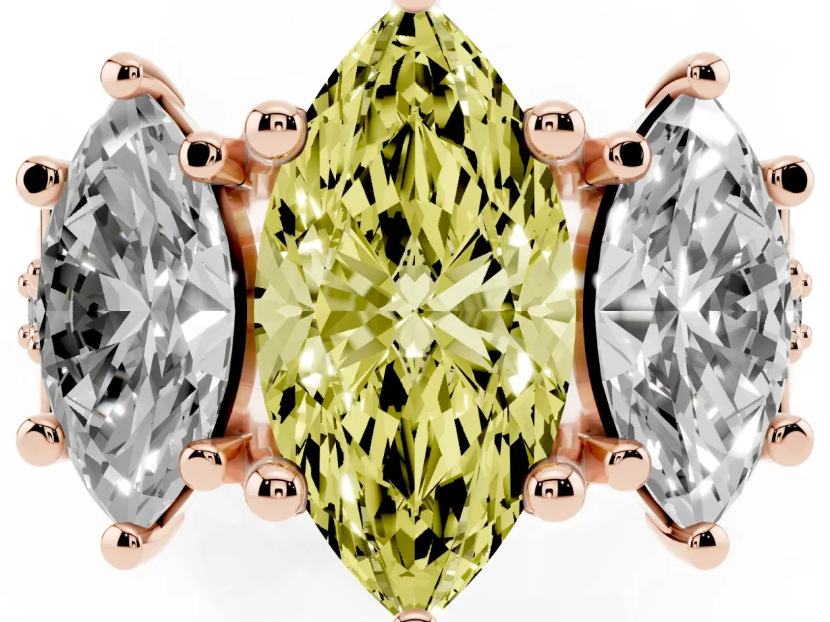 Fancy Yellow Marquise Cut Diamond Three-Stone Ring with Channel Set Band and Four-Prong Setting Rose gold