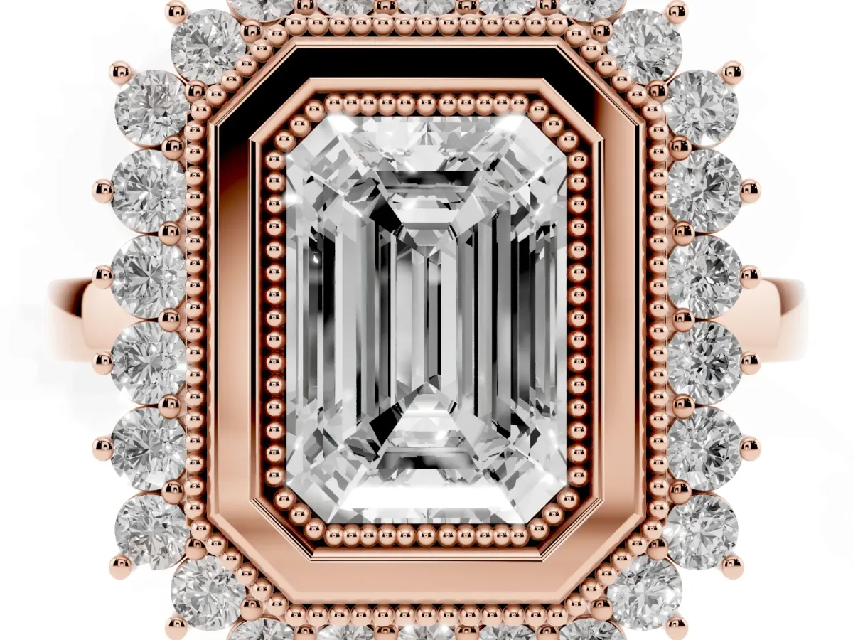 Emerald Cut Halo Diamond Ring with Milgrain Edge and Round Prong Setting Rose gold