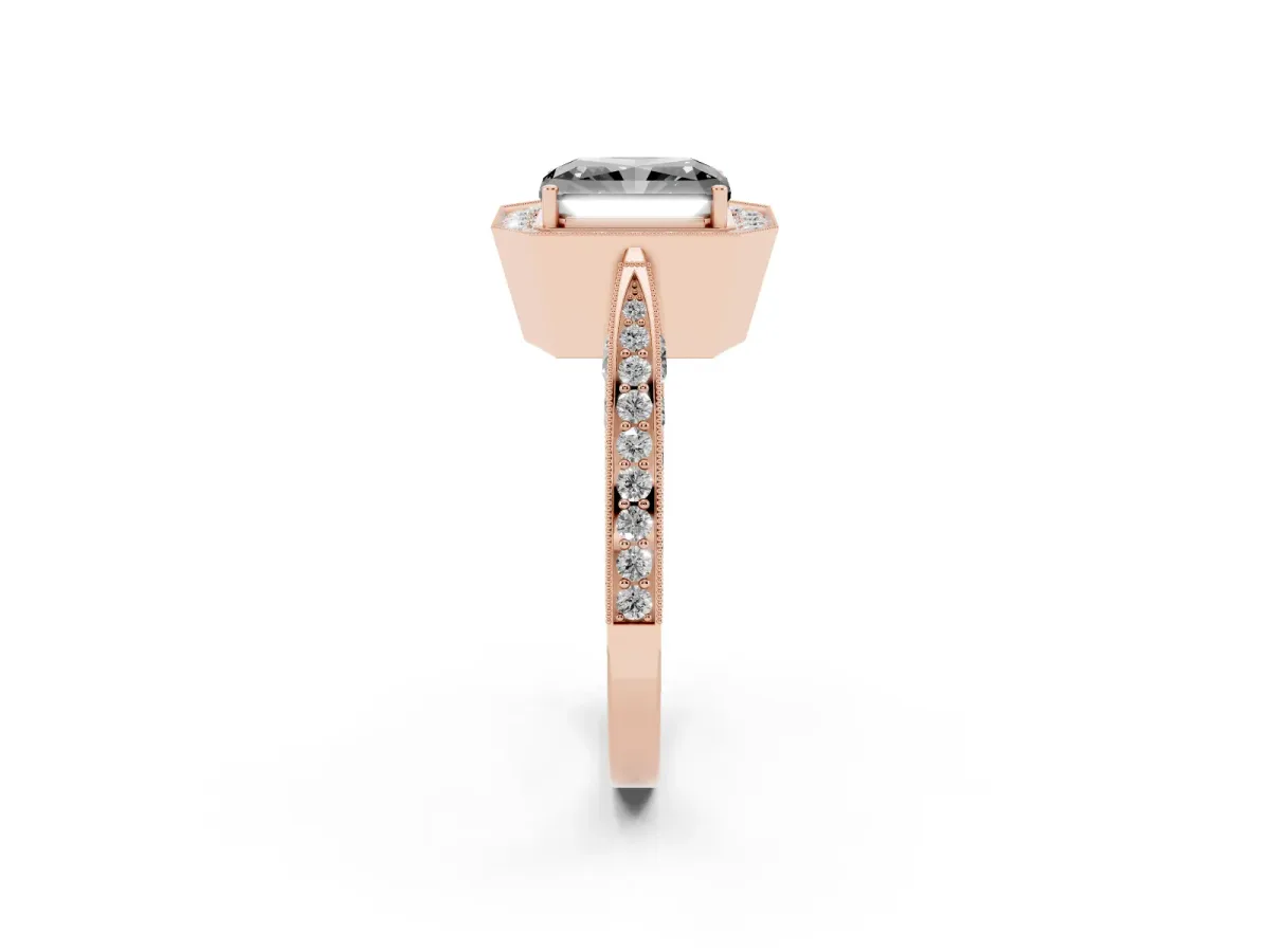 Fancy Black Radiant Cut Halo Diamond Engagement Ring with Split Shank Band and Four-Prong Setting Rose gold