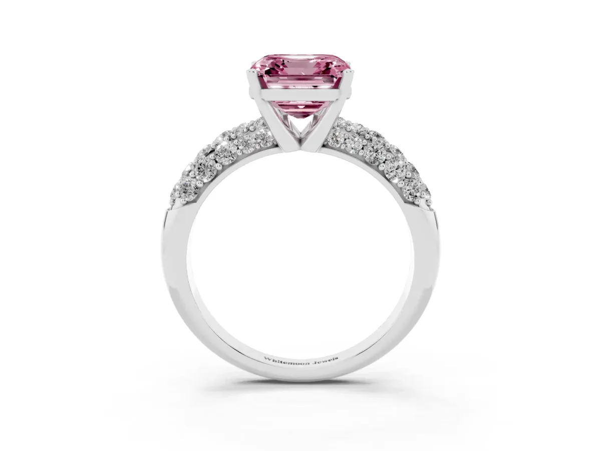 Fancy Pink Asscher Cut Diamond Pavé Band Solitaire Ring with Four-Prong Setting Platinum