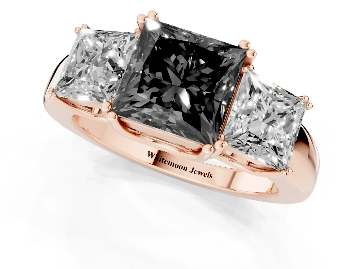 Fancy Black Three-Stone Princess Cut Cut Diamond Ring with Channel Set Band and Four-Prong Setting Rose gold