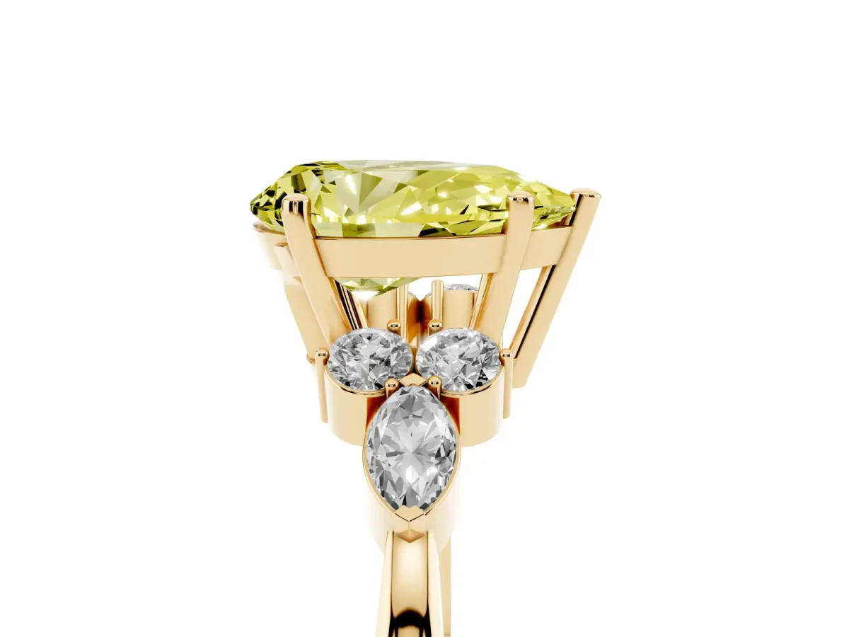 Fancy Yellow Pear Cut Brilliant Diamond Solitaire Ring with Pear Side Stones and Four-Prong Setting Yellow gold