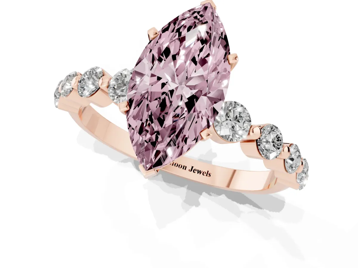 Fancy Pink Marquise Cut Solitaire Diamond Ring with Pave Band and Four-Prong Setting Rose gold