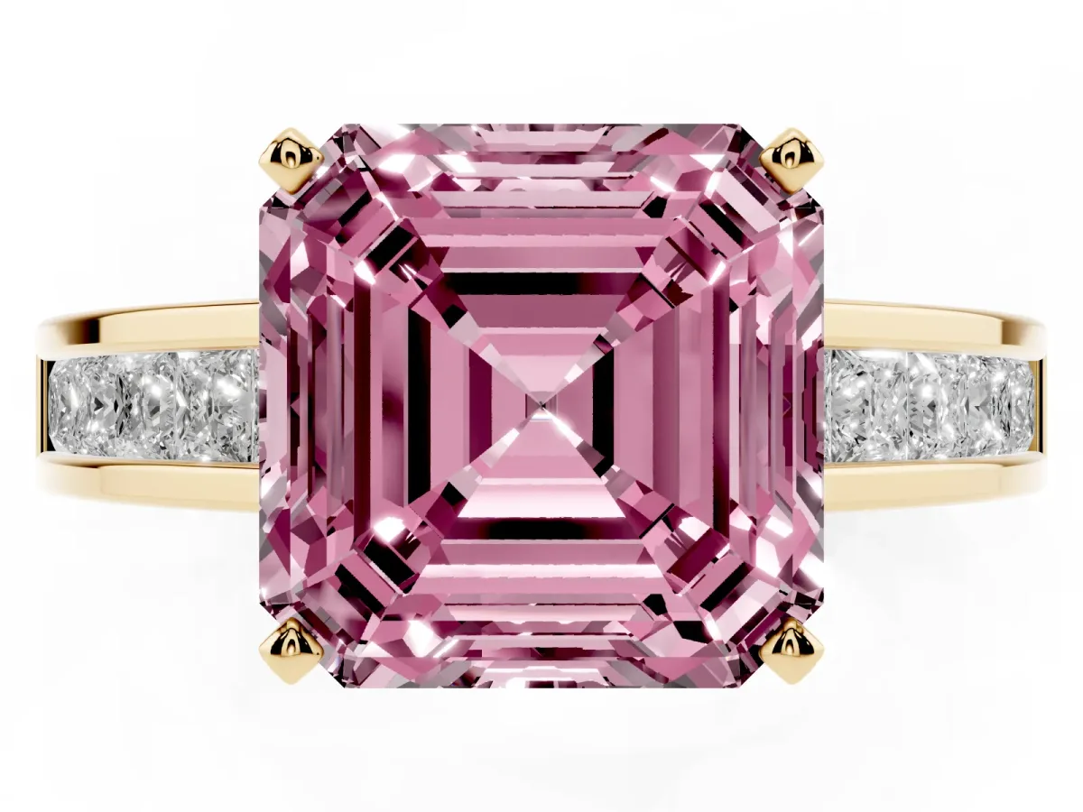 Fancy Pink Asscher Cut Solitaire Diamond Ring with Channel-Set Band and Four-Prong Setting Yellow gold