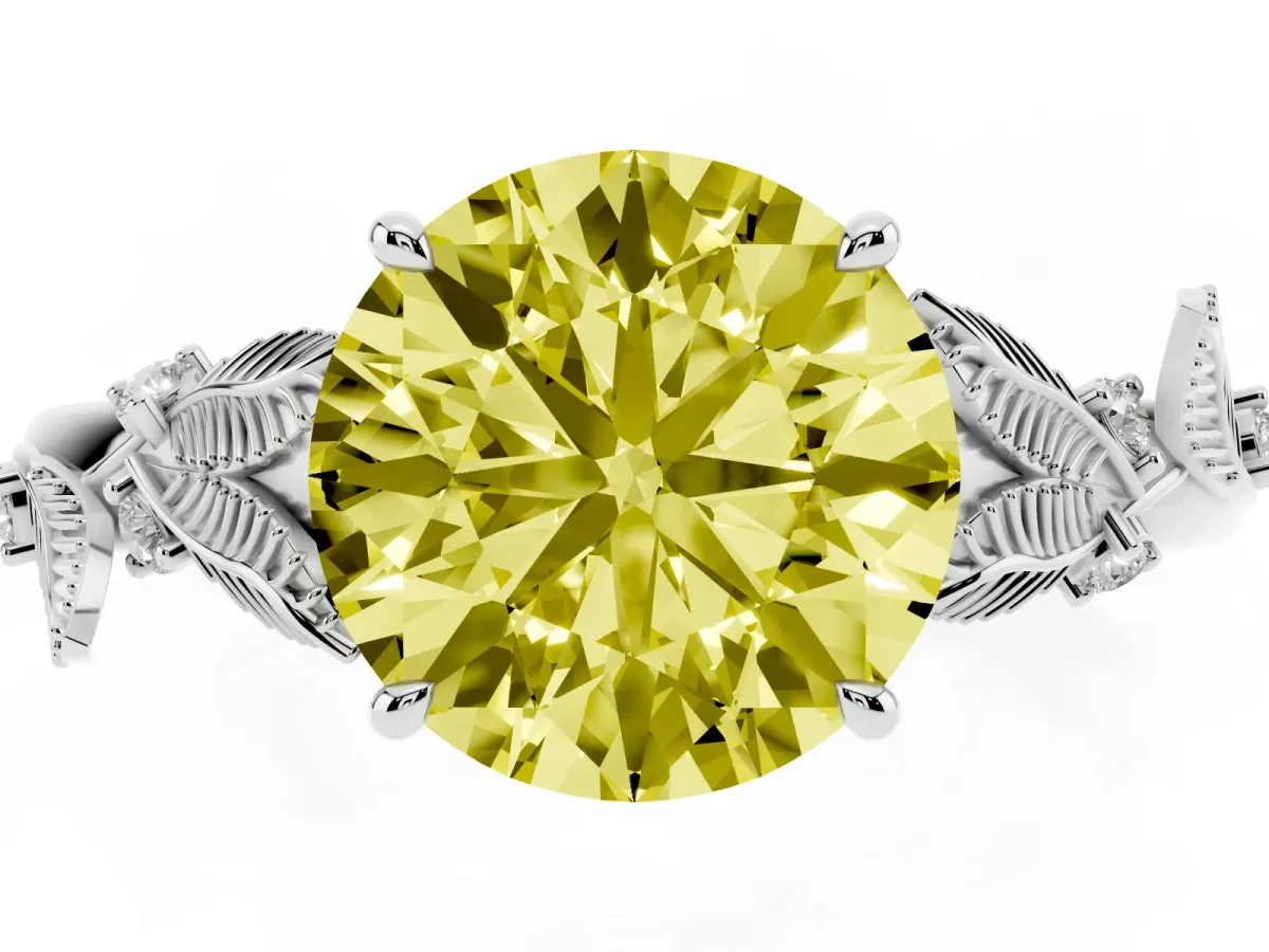 Fancy Yellow Round Cut Diamond Solitaire Ring with Leaf Motif Band and Four-Prong Setting Platinum