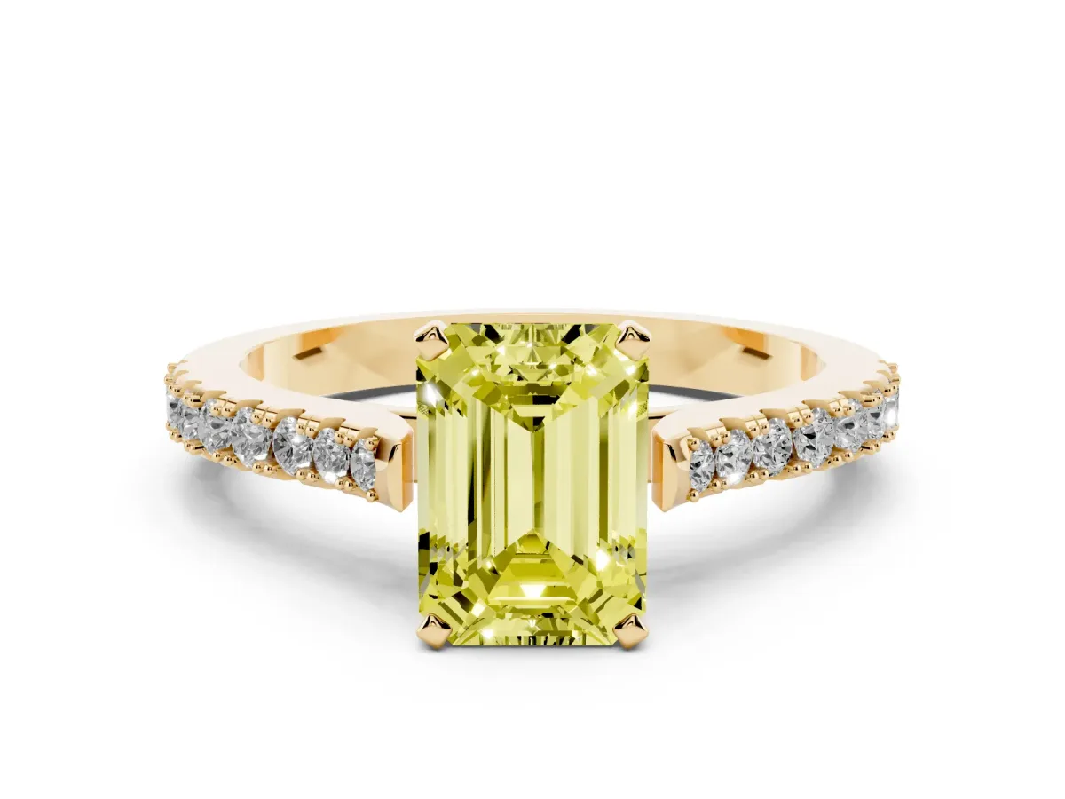 Fancy Yellow Emerald Cut Cut Solitaire Diamond Engagement Ring with Pave Band and Four-Prong Setting Yellow gold