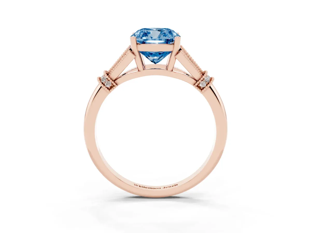 Fancy Blue Cushion Cut Diamond Solitaire Ring with Floral Filigree and Pave Accents Rose gold