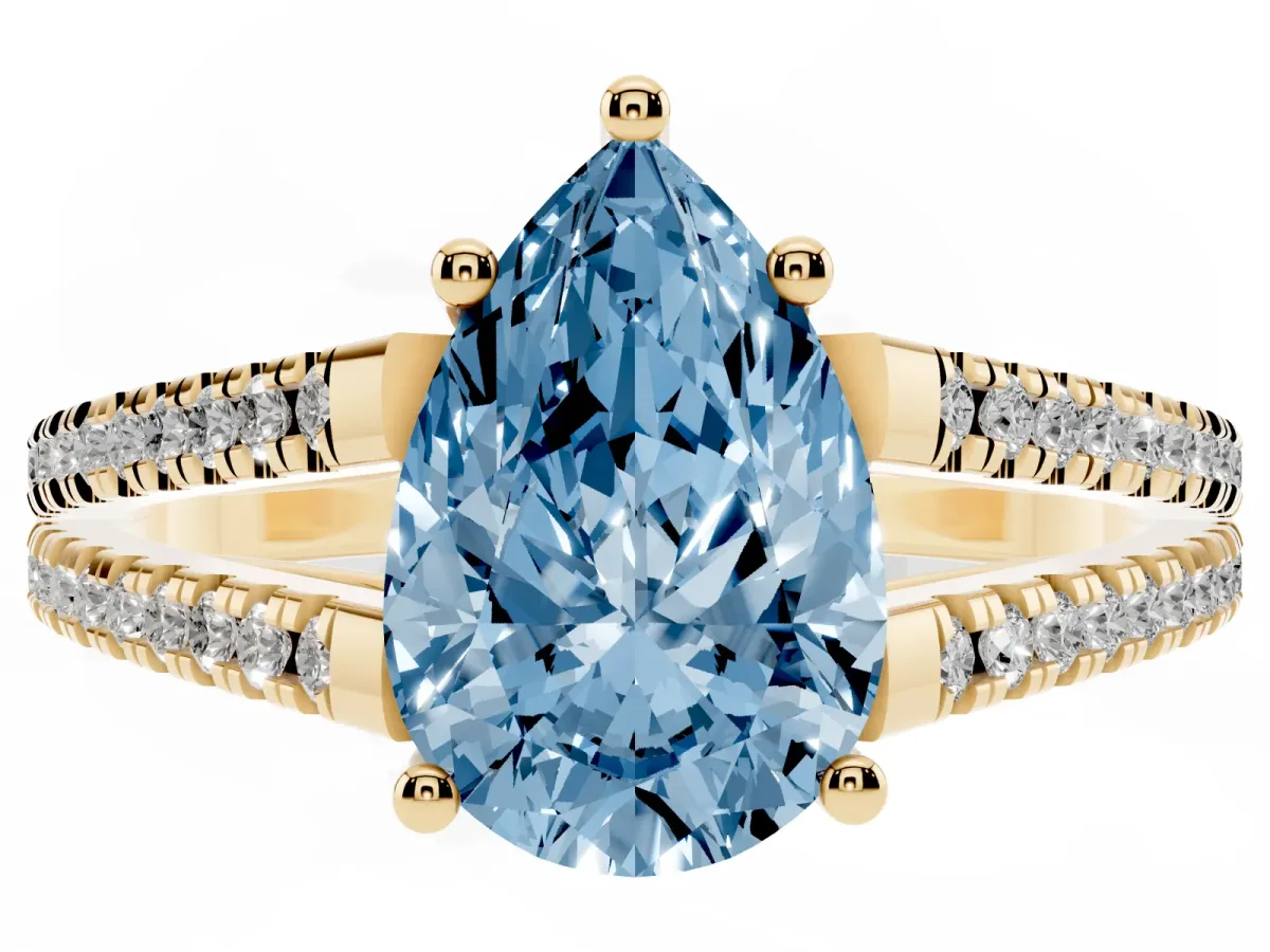 Fancy Blue Pear Cut Diamond Solitaire Engagement Ring with Split Shank Pavé Band Yellow gold