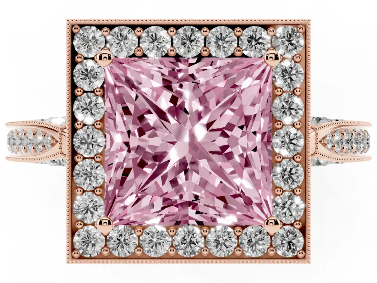 Fancy Pink Princess Cut Halo Diamond Engagement Ring with Split Shank Band and Four-Prong Setting Rose gold