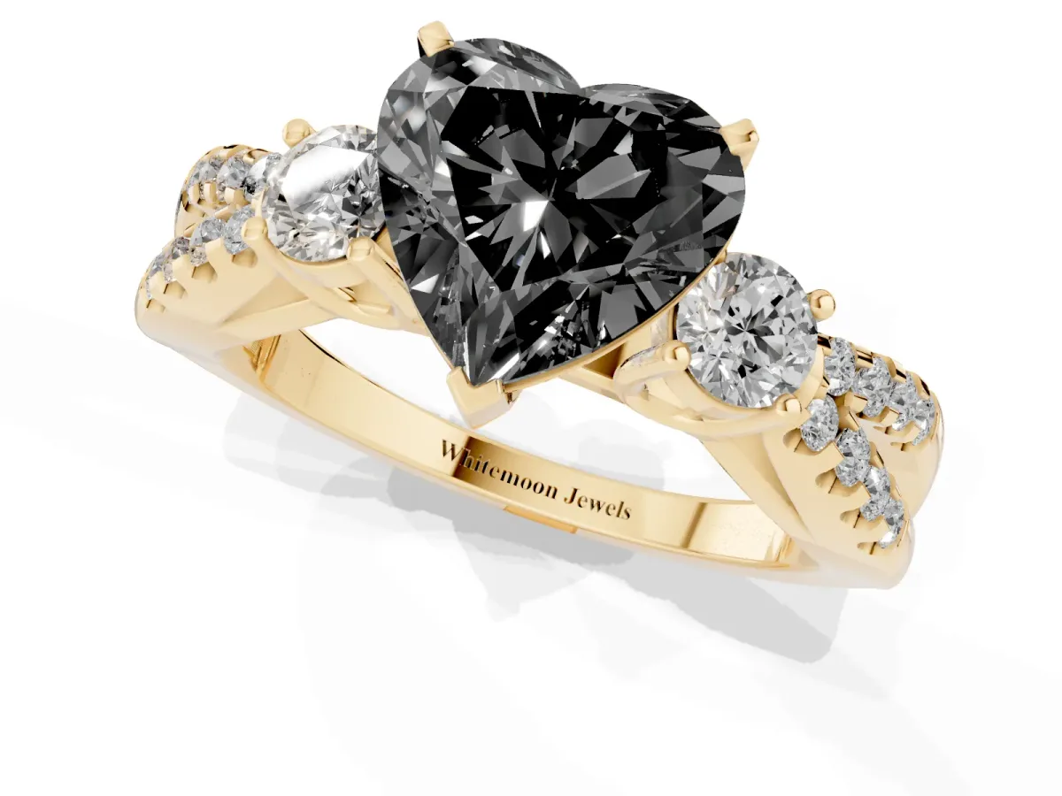 Fancy Black Heart Cut Diamond Three-Stone Ring with Pavé Split Shank and Four-Prong Setting Yellow gold