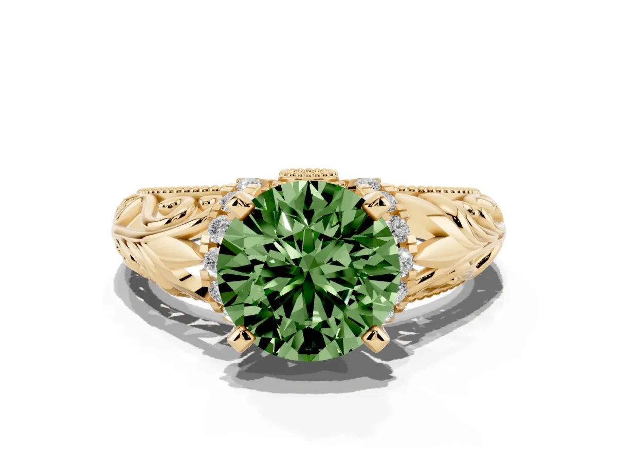 Fancy Green Round Cut Solitaire Filigree Engagement Ring with Halo and Prong Setting Yellow gold