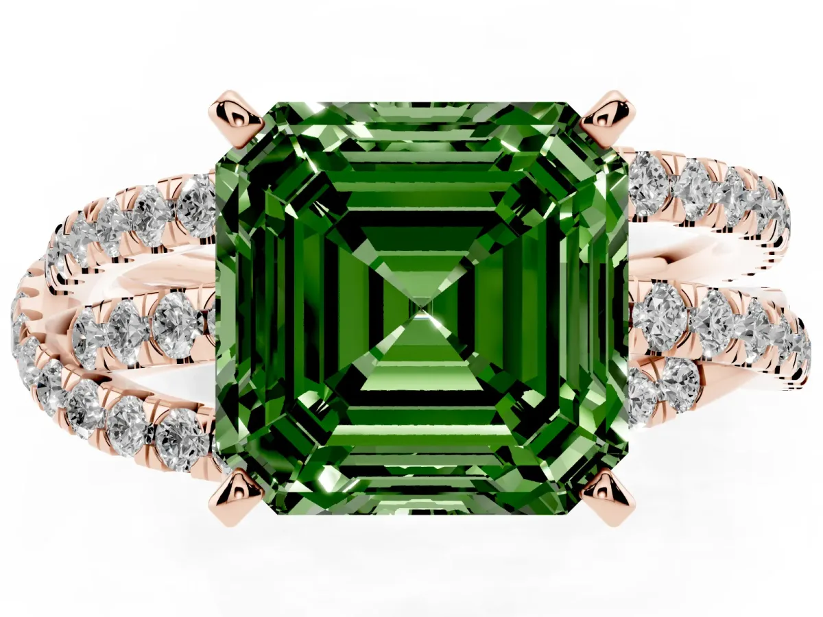 Fancy Green Asscher Cut Solitaire Twist Band with Pavé Setting and Four-Prong Setting Rose gold