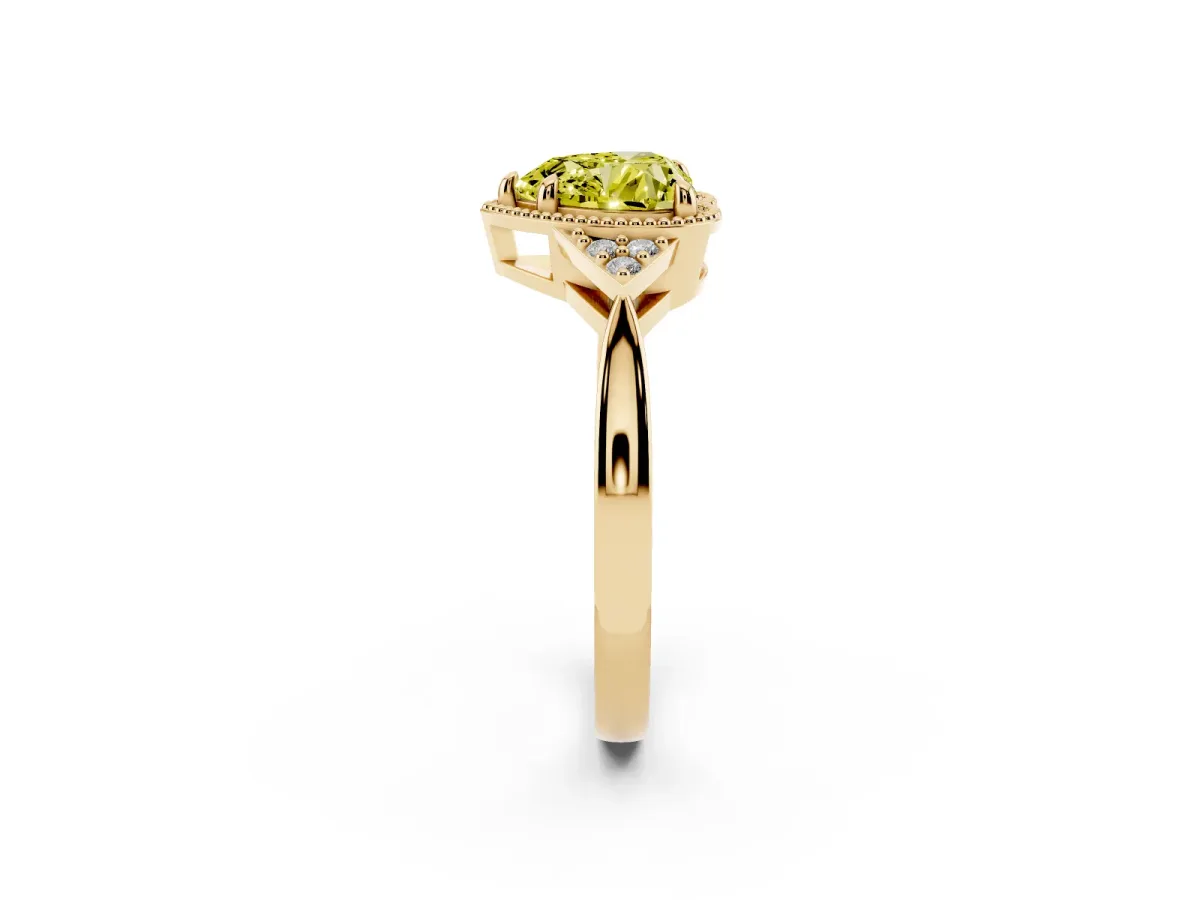 Fancy Yellow Heart Cut Diamond Halo Ring with Tapered Band and Four-Prong Setting Yellow gold