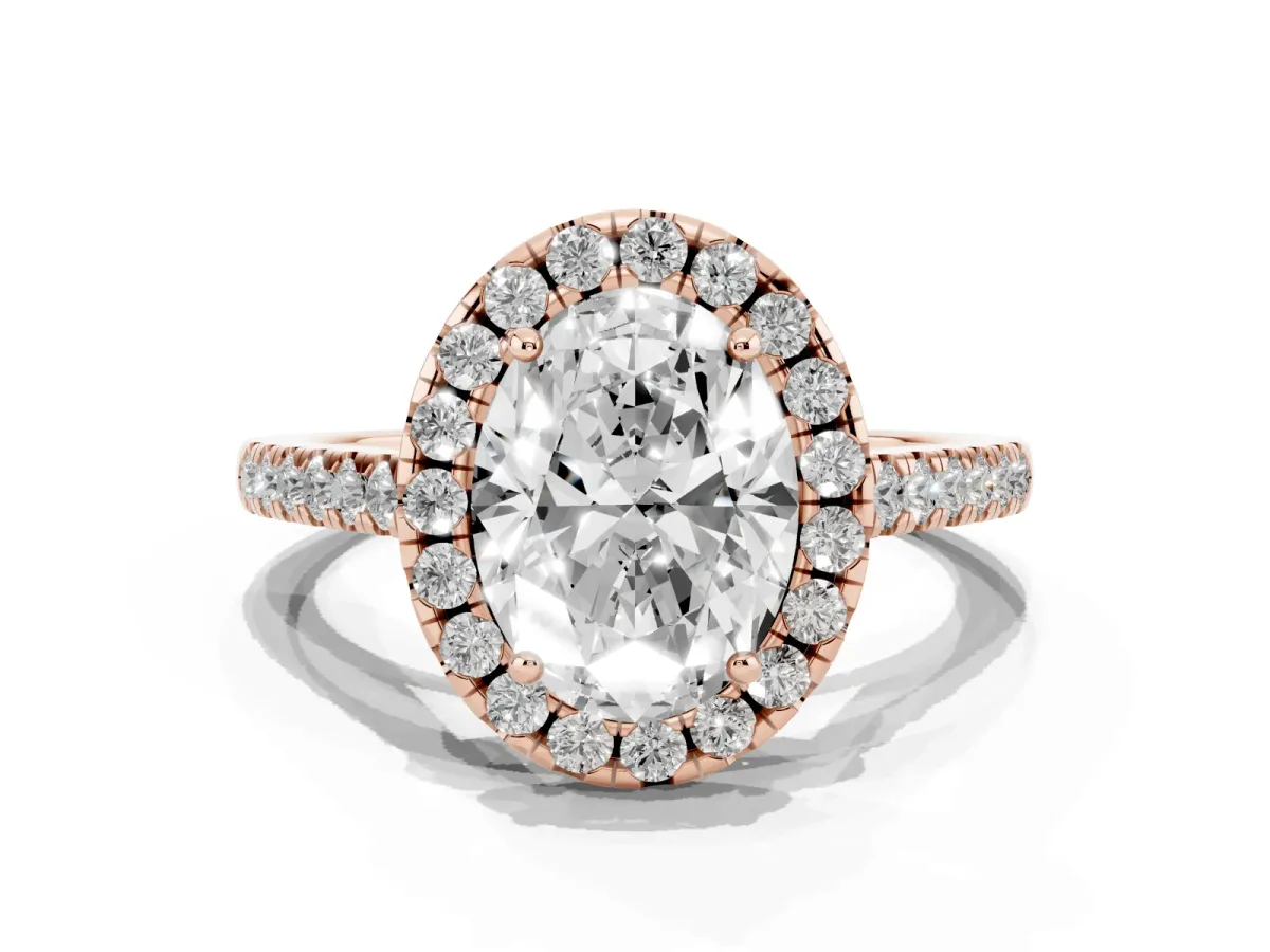 Oval Cut Halo Pavé Diamond Engagement Ring with Four-Prong Setting Rose gold