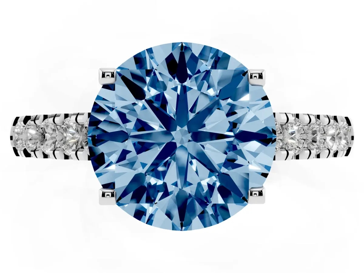 Fancy Blue Round Cut Diamond Pavé Band Solitaire Ring with Prong Setting Platinum
