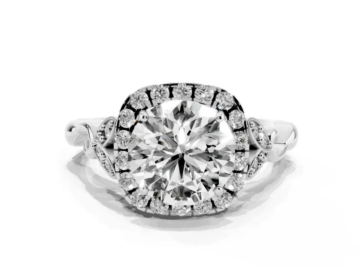 Round Cut Halo Diamond Engagement Ring with Vintage-Inspired Band and Four-Prong Setting Silver