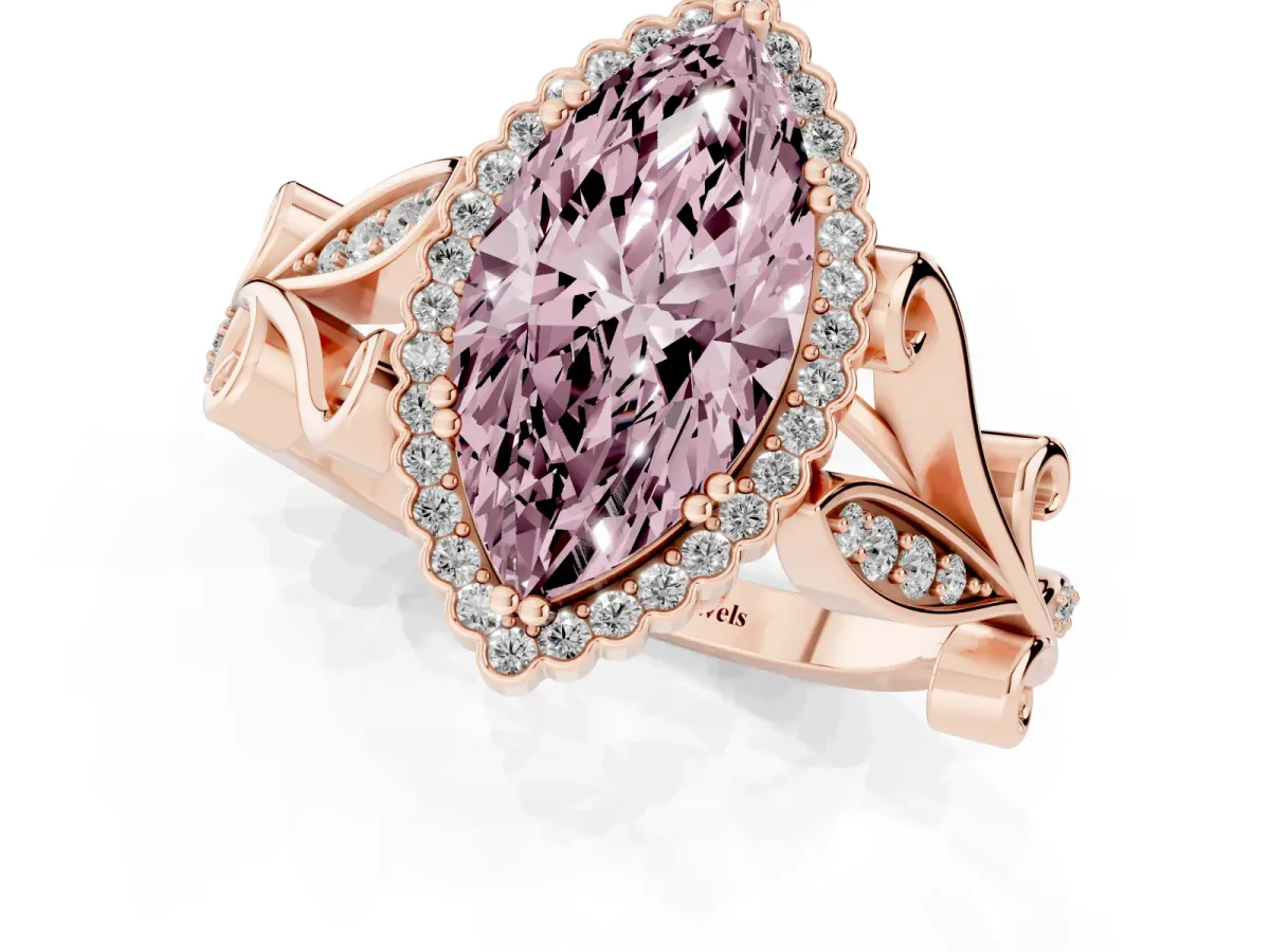 Fancy Pink Marquise Cut Diamond Halo Ring with Vintage Split Shank and Four-Prong Setting Rose gold