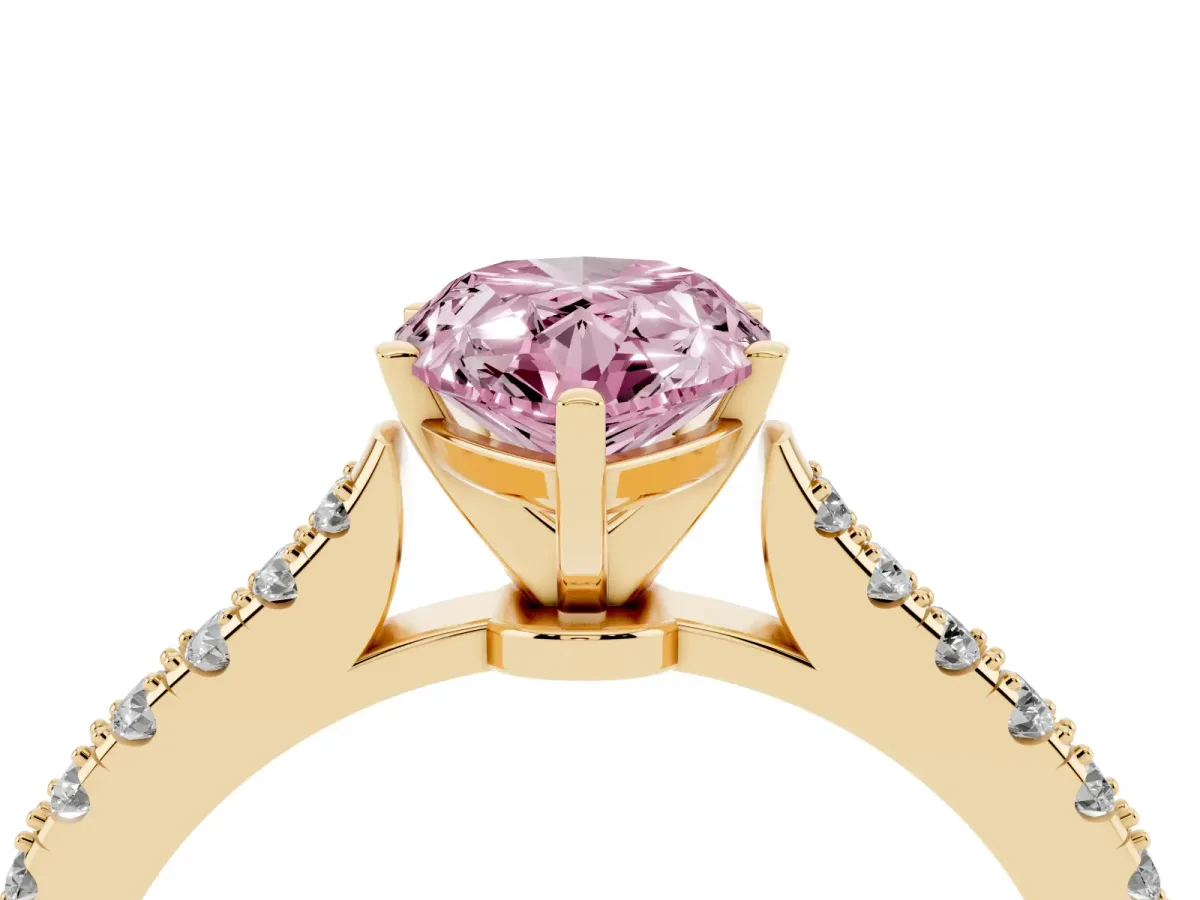 Fancy Pink Pear Cut Cut Solitaire Diamond Engagement Ring with Pave Band and Four-Prong Setting Yellow gold