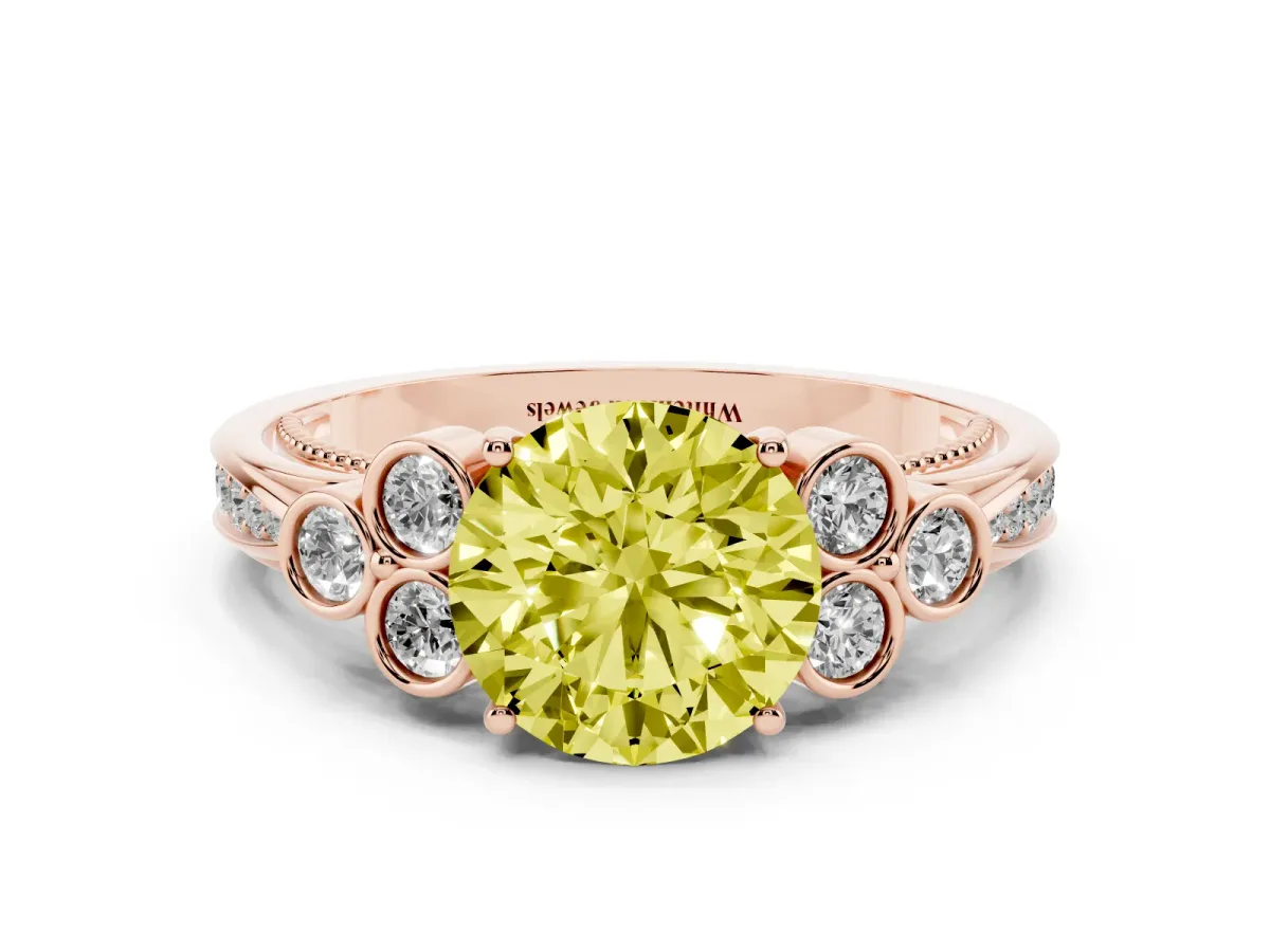 Fancy Yellow Round Cut Cut Diamond Engagement Ring with Bezel Set Round Side Stones and Prong Setting Rose gold