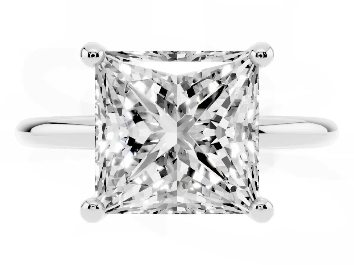 Princess Cut Solitaire Diamond Ring with 4-Prong Setting on a Classic Band Silver