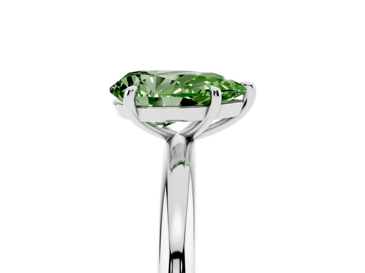 Fancy Green Pear Cut Solitaire Diamond Ring with Four-Prong Setting on a Plain Band Platinum