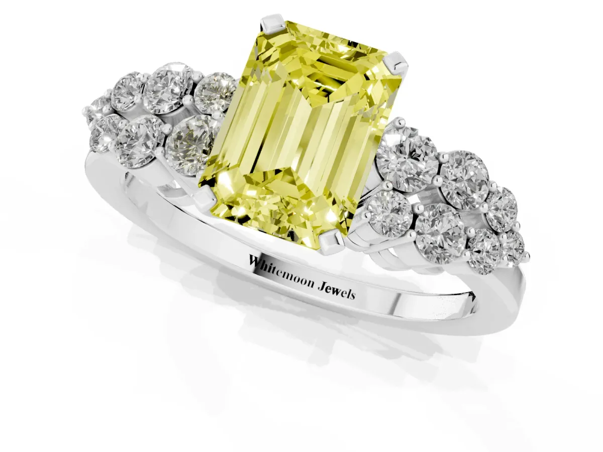 Fancy Yellow Emerald Cut Cluster Diamond Engagement Ring with Pavé Band and Four-Prong Setting Platinum