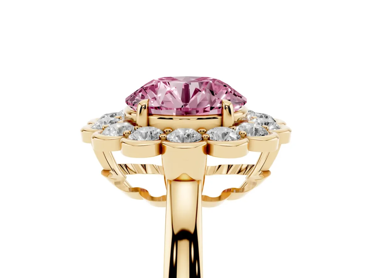 Fancy Pink Round Cut Halo Cluster Diamond Engagement Ring with Solitaire Band and Prong Setting Yellow gold