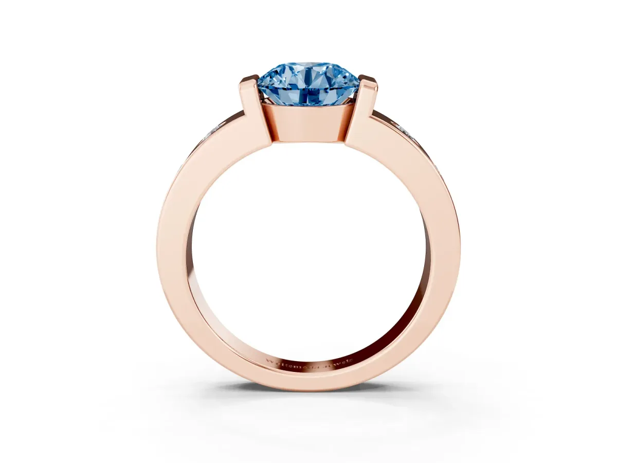 Fancy Blue Round Cut Brilliant Channel-Set Diamond Ring with Bezel Prong Setting Rose gold