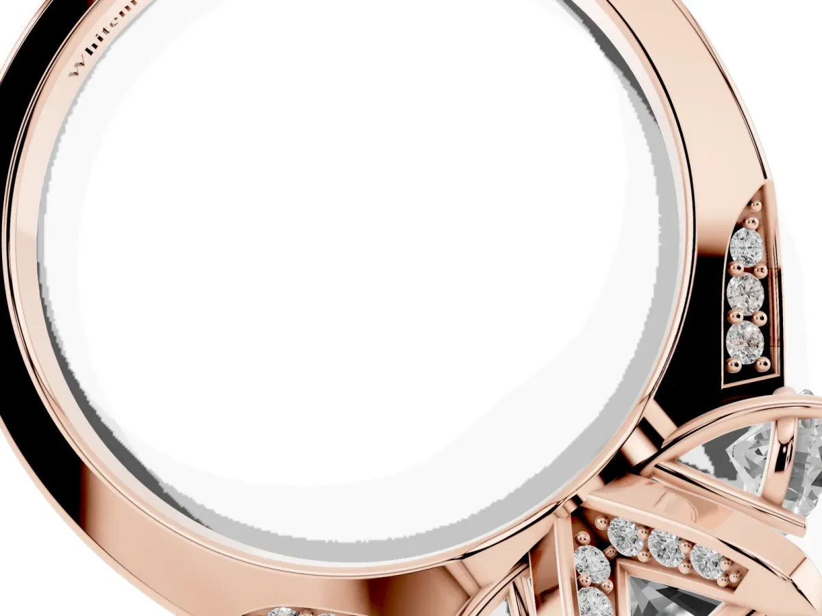 Fancy Black Radiant Cut Brilliant Three-Stone Diamond Ring with Pavé Band and Four-Prong Setting Rose gold