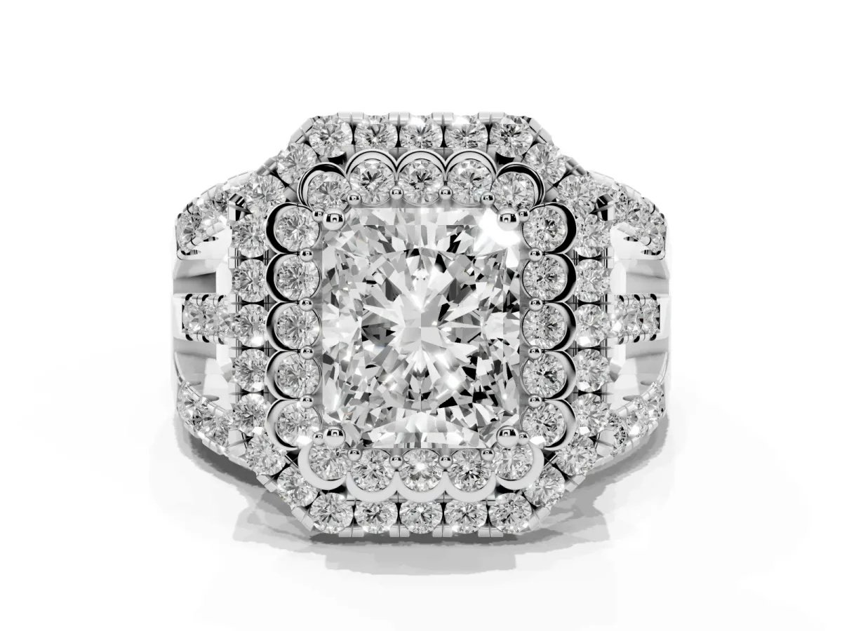 Radiant Cut Diamond Double Halo Ring with Round Pavé Split Shank and Prong Setting Silver