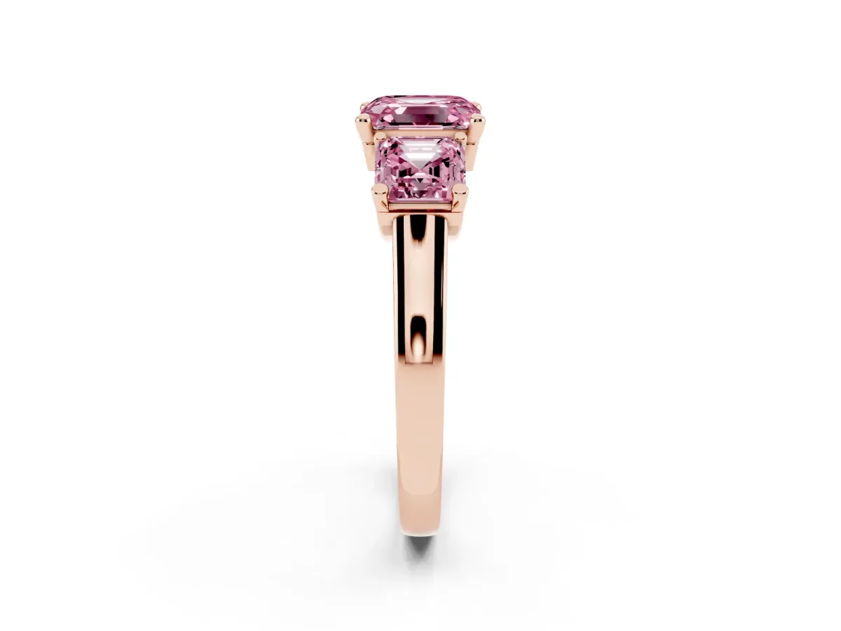 Fancy Pink Three-Stone Asscher Cut Brilliant Diamond Trellis Ring with Comfort Fit Band Rose gold