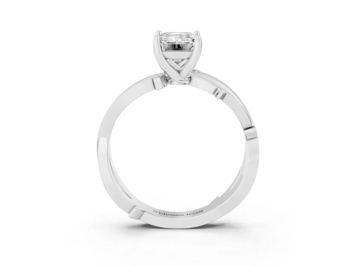 Emerald Cut Solitaire Twist Band with Pavé Accents and Four-Prong Setting Platinum