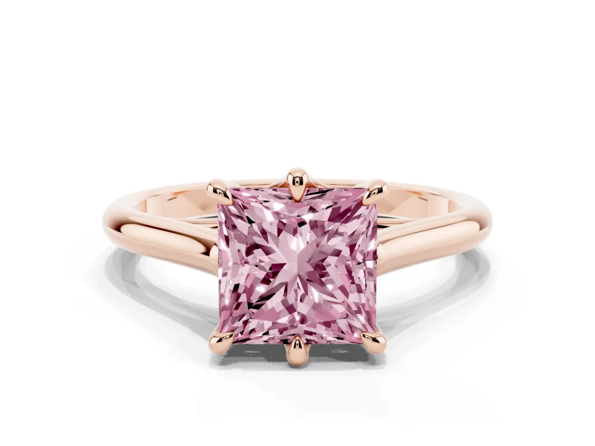 Fancy Pink Princess Cut Solitaire Engagement Ring with Six-Prong Setting and Classic Band Rose gold