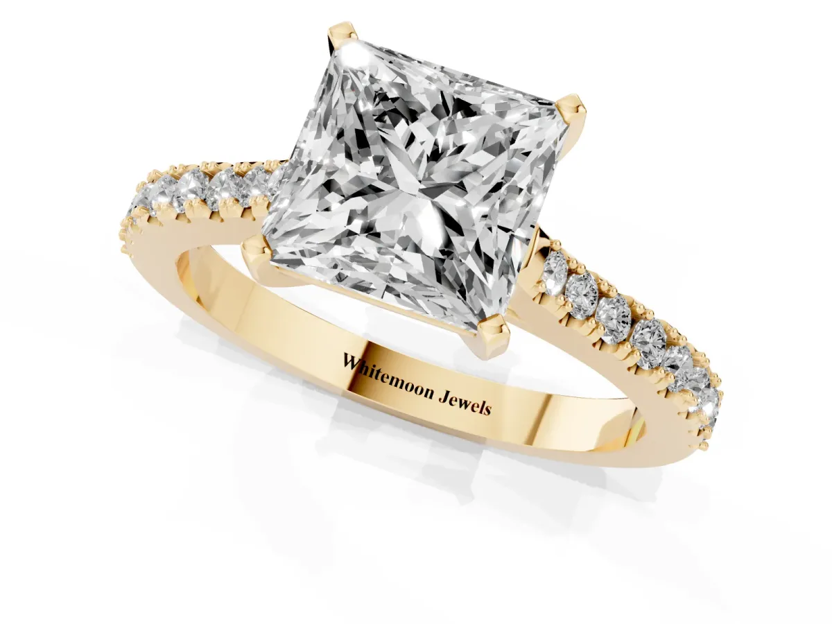 Princess Cut Cut Solitaire Diamond Engagement Ring with Pave Band and Four-Prong Setting Yellow gold