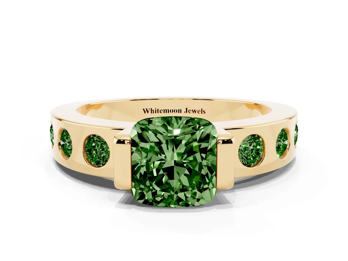 Fancy Green Cushion Cut Brilliant Channel-Set Diamond Ring with Bezel Prong Setting Yellow gold