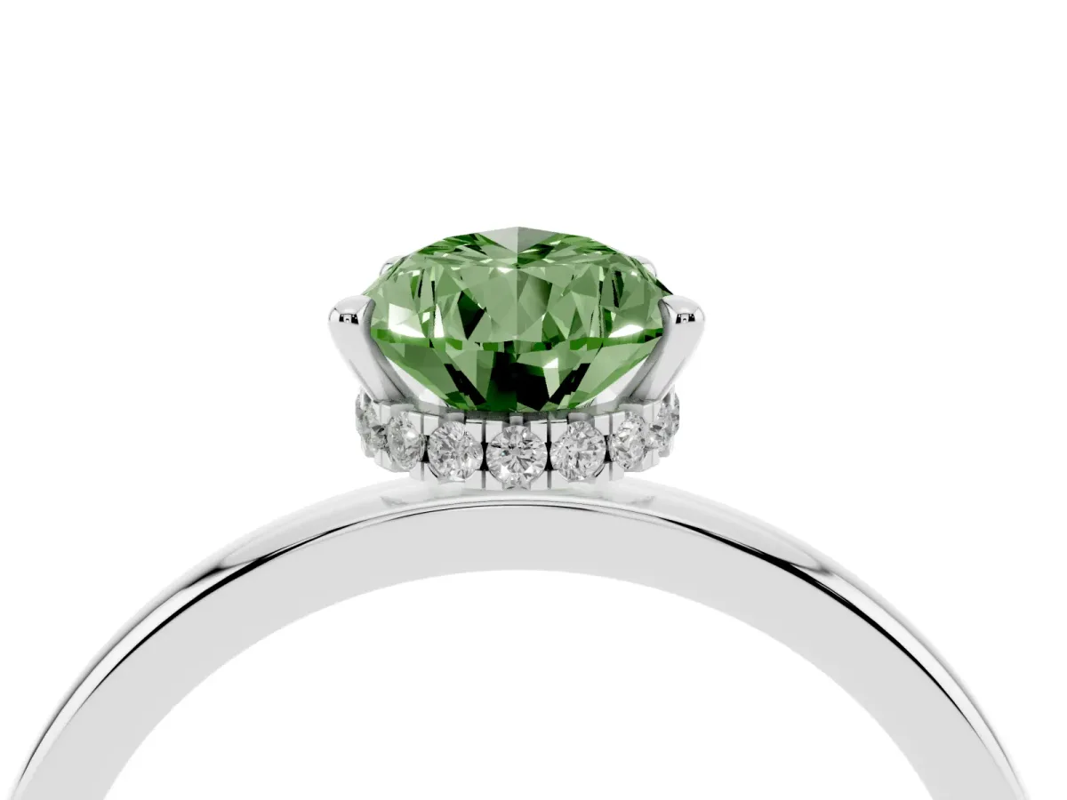 Fancy Green Pear Cut Solitaire Engagement Ring with Cathedral Band and Four-Prong Setting Silver