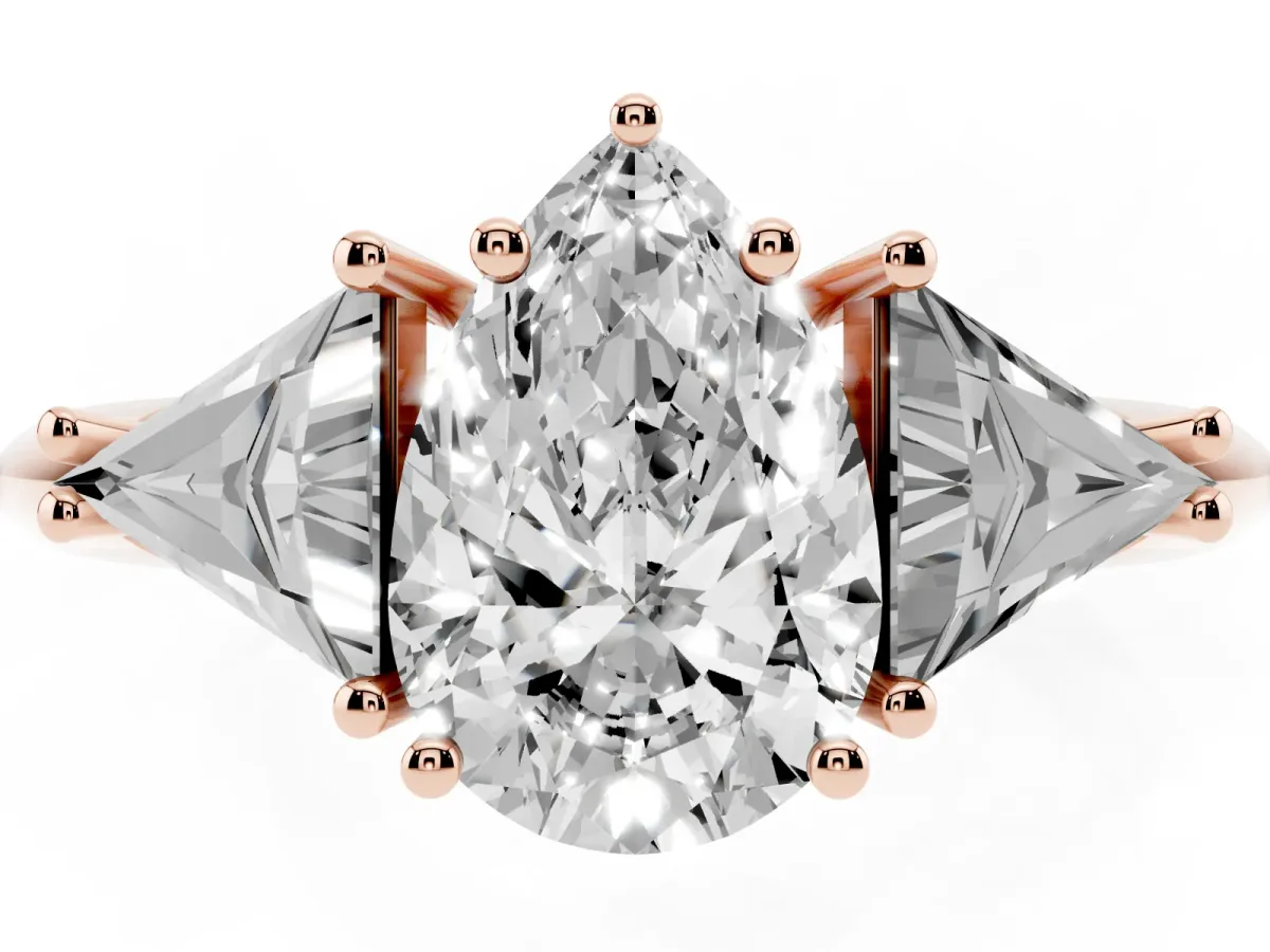 Three-Stone Pear Cut Diamond Engagement Ring with Trillion Side Stones and Prong Setting Rose gold