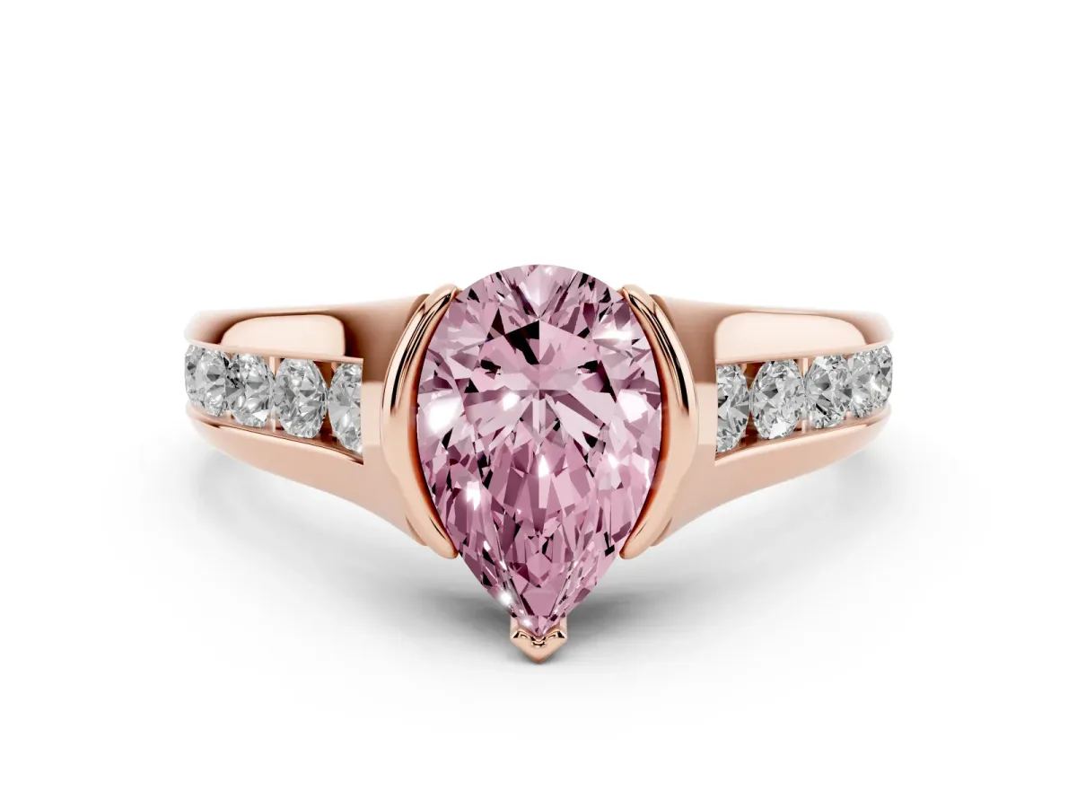 Fancy Pink Pear Cut Solitaire Bezel-Set Diamond Ring with Channel-Set Band Rose gold