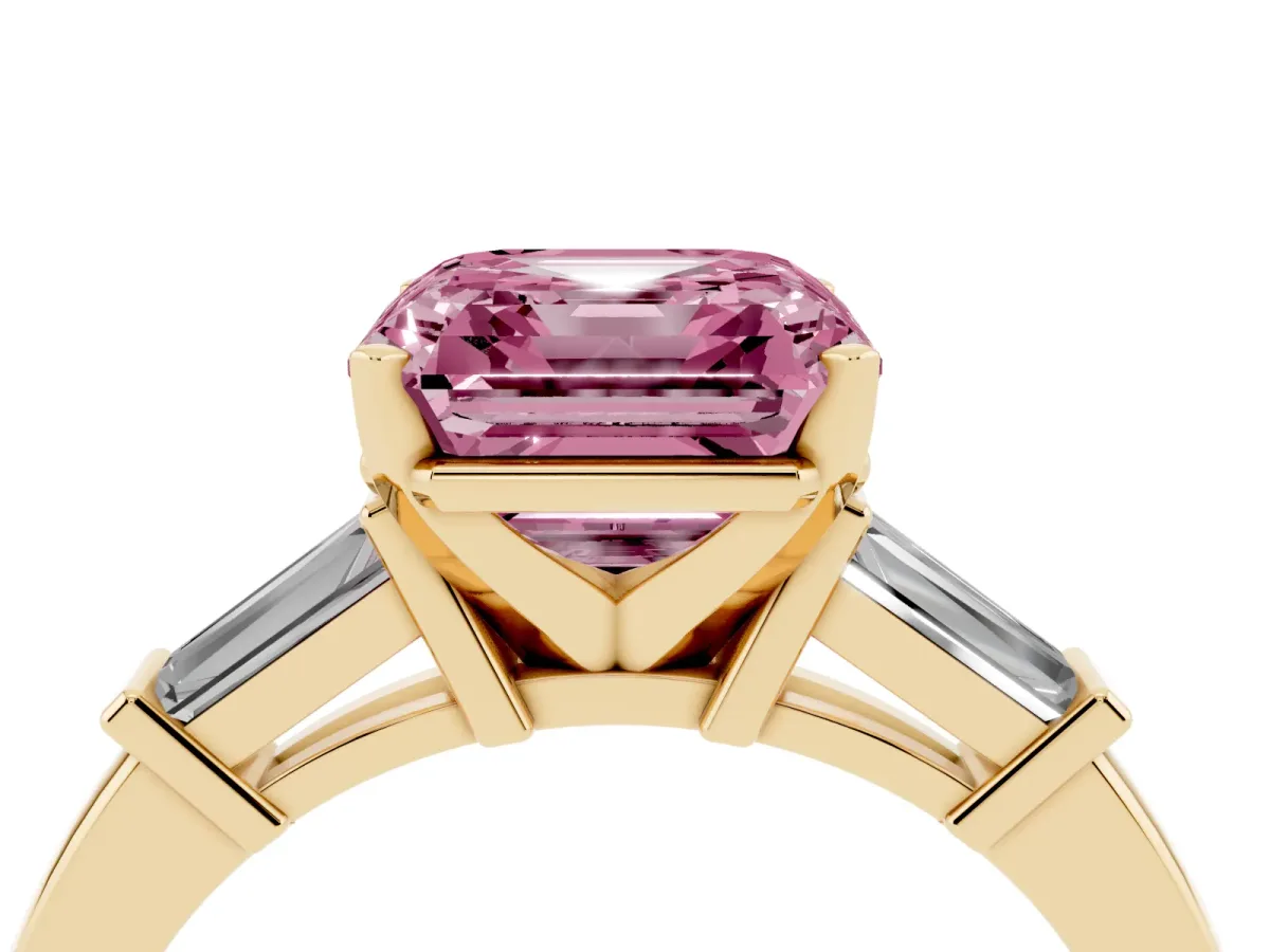 Fancy Pink Asscher Cut Cut Diamond Solitaire Ring with Tapered Baguette Accents and Four-Prong Setting Yellow gold