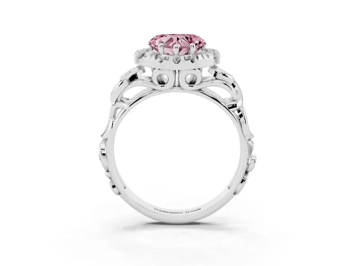 Fancy Pink Heart Cut Cut Halo Diamond Ring with Scrollwork Band and Four-Prong Setting Silver